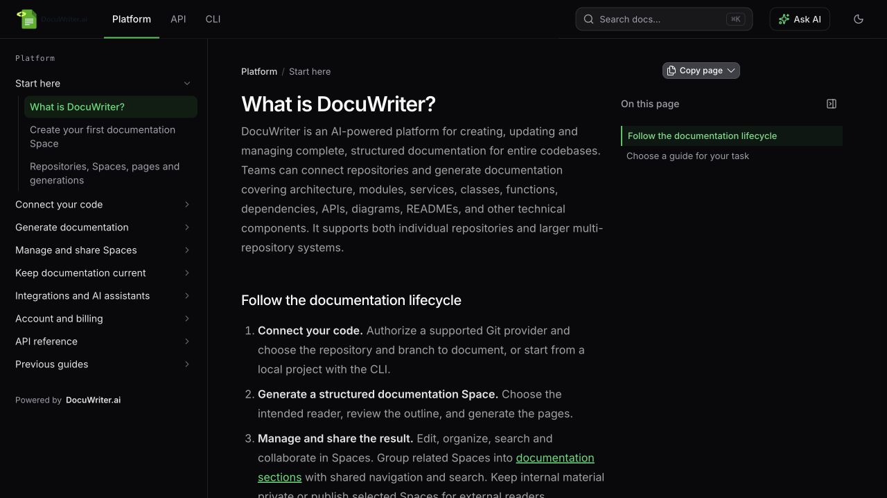 Platform, API and CLI tabs on the public documentation site Platform, API and CLI tabs on the public documentation site