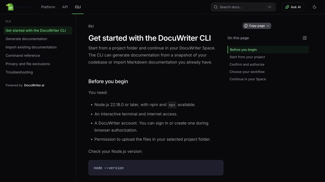 The official CLI documentation, with getting started, generation, import and command reference guides