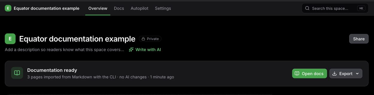 An example Space showing three Markdown pages successfully imported with the CLI