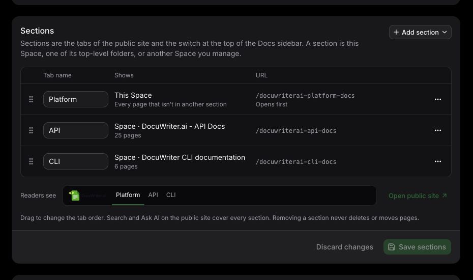 Saved Sections settings showing Platform opening first, followed by API and CLI Saved Sections settings showing Platform opening first, followed by API and CLI
